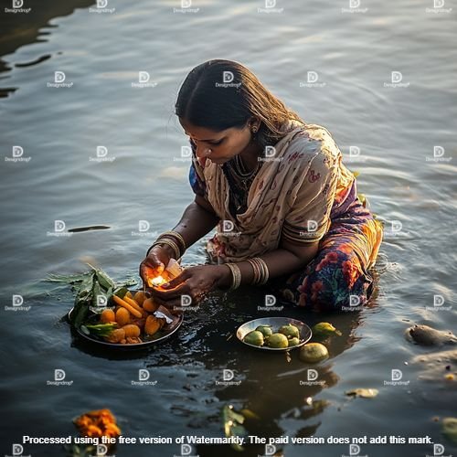 Woman offering fruits & vegetables as prasad during Chhath Puja Image courtesy by MidJourney.