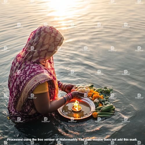 Woman offering fruits & vegetables as prasad during Chhath Puja Image courtesy by MidJourney.