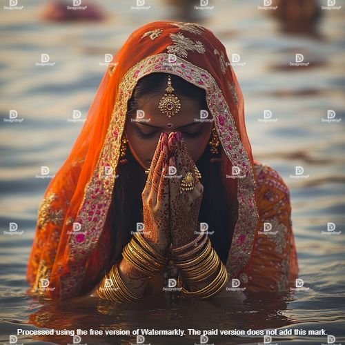 A married Hindu woman among a crowd of devotees Image courtesy by MidJourney.