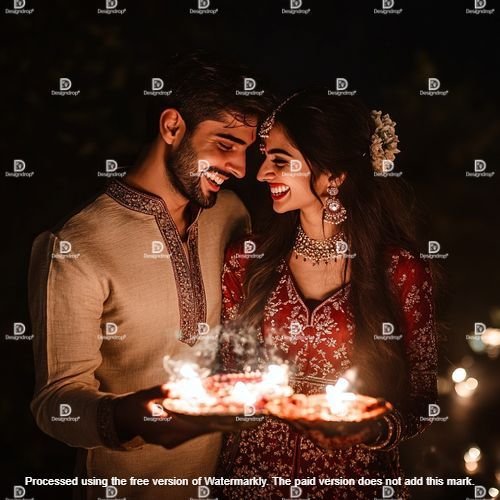 Couple celebrating Karwa Chauth, filled with happiness Image courtesy by MidJourney.