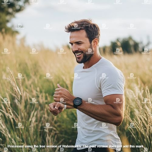 Happy man tracking progress on his fitness watch Image courtesy by MidJourney.