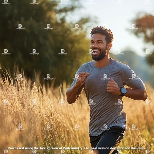 Happy man tracking progress on his fitness watch Image courtesy by MidJourney.