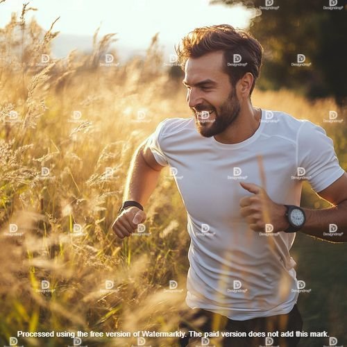 Happy man tracking progress on his fitness watch Image courtesy by MidJourney.