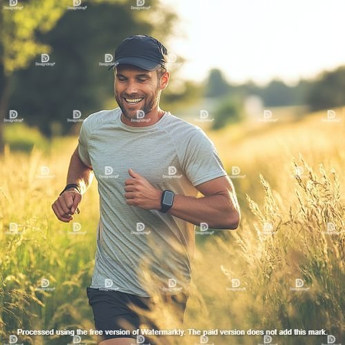 Happy man tracking progress on his fitness watch Image courtesy by MidJourney.