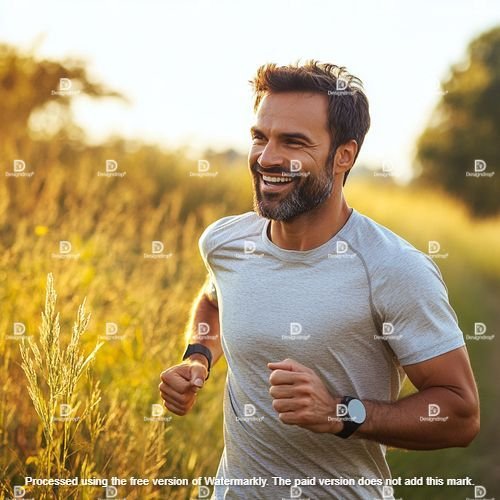 Happy man tracking progress on his fitness watch Image courtesy by MidJourney.