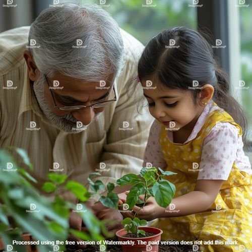 Indian grandfather gardening & teaching granddaughter Image courtesy by MidJourney.