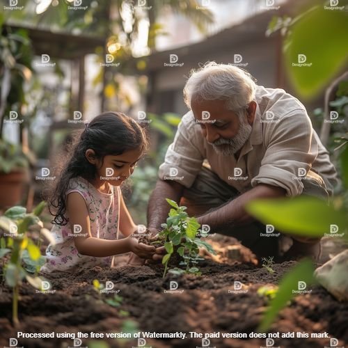 Indian grandfather gardening & teaching granddaughter Image courtesy by MidJourney.