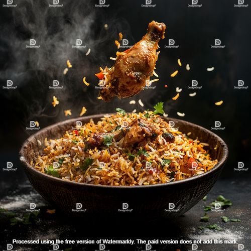 Spicy Indian chicken biryani. Image courtesy by MidJourney